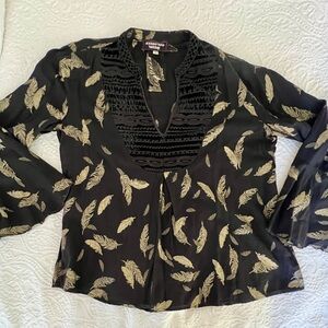 Johnny Was Workshop Black and Gold Feather Blouse
